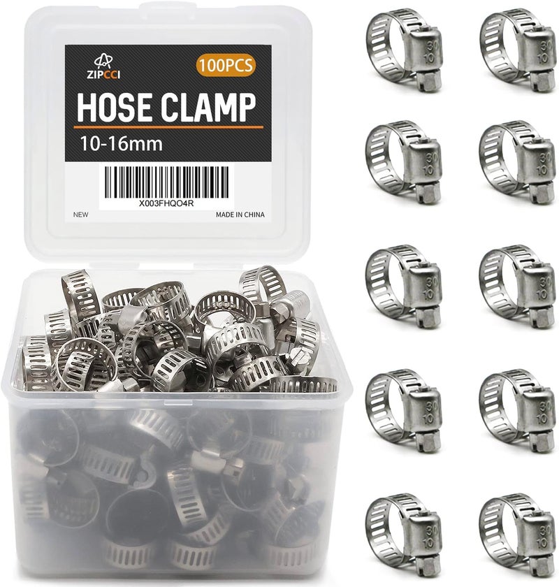 ZIPCCI Hose Clamp, 100 Pack Stainless Steel Hose Clamps Worm Gear Fuel Line Pipe Clamps, 10-16mm (1/2 inch) - Image 1